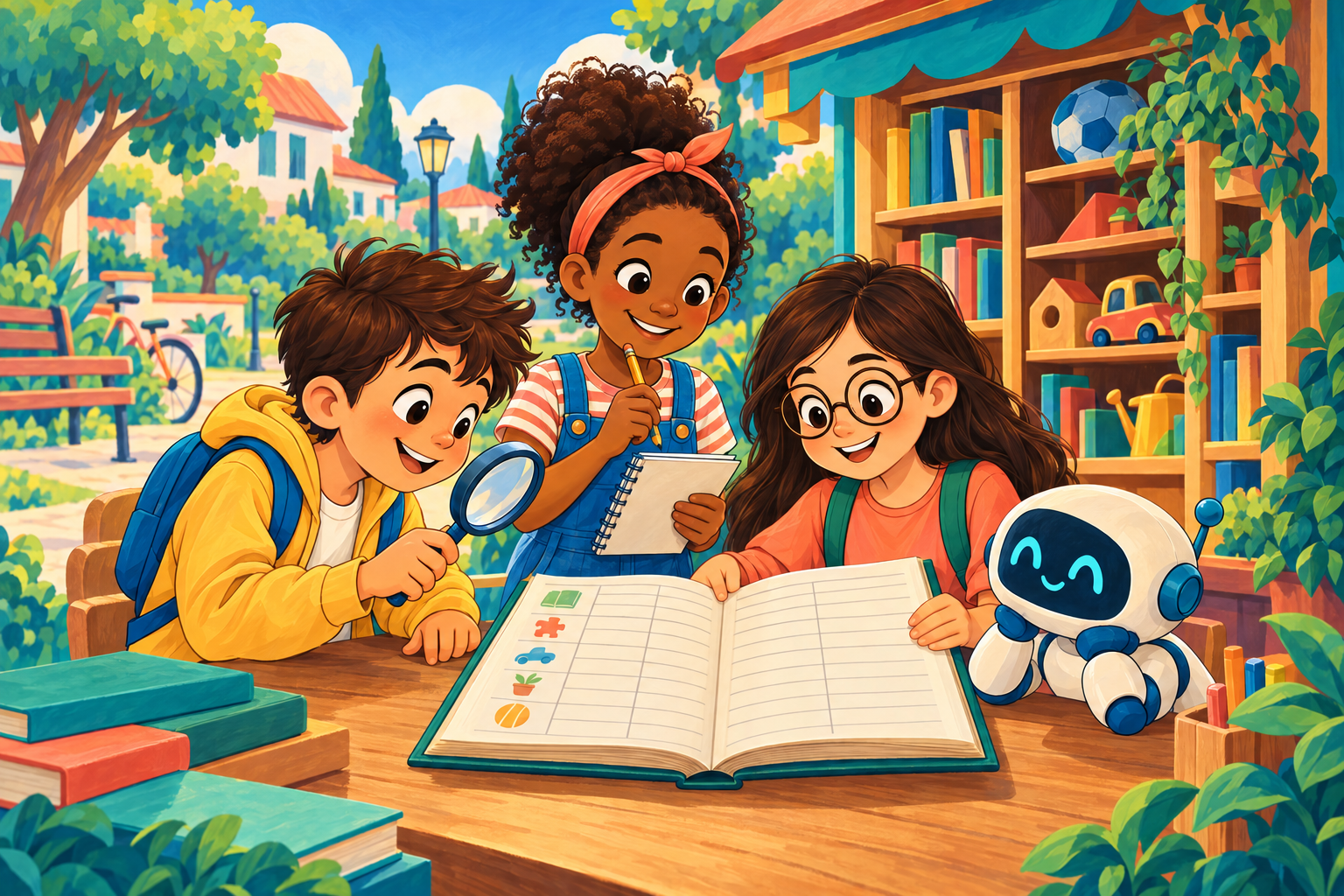 Tom, Lia, Nina e Pingo reunidos em torno de um livro